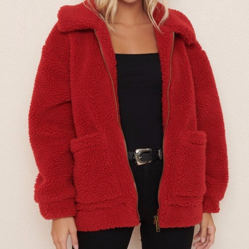 Red Sherpa Teddy Coat Garage